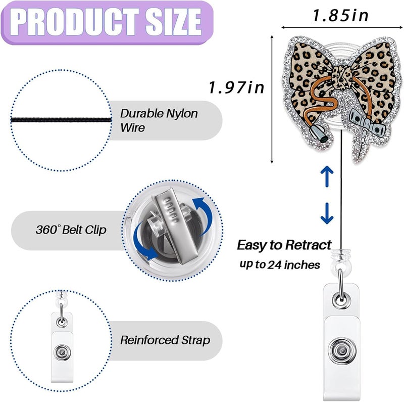 Bydevia Leopard Bow Phlebotomy Nurse Badge Reel Retractable, Funny Phlebotomist Badge Reel for Work, Personalized Phlebotomy Tech Gifts, Cute Phleb Badge Holder with Alligator Clip & 24” Durable Nylon Cord - Image 2
